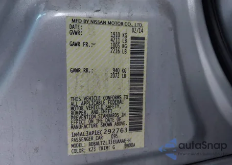 2014 Nissan Altima 2.5 Sv z USA, uszkodzony, nr VIN 1N4AL3AP1EC292763